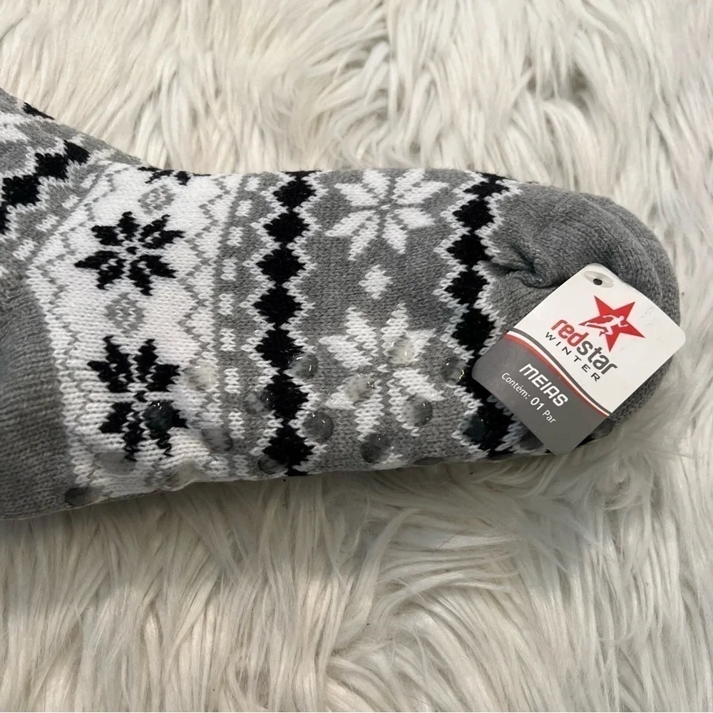 Redstar Unisex Kids Slipper Socks Gray Black White Fair Isle Grippies Fuzzy